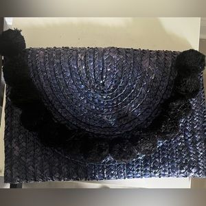 Shiraleah Chicago Woven Straw Pompom Clutch in Blue